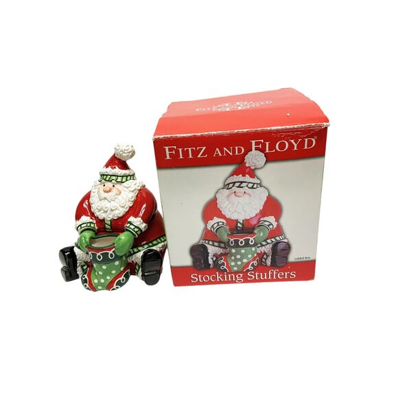 Fitz and Floyd Stocking Stuffers Lidded Box Santa Holding Stocking - Picture 2 of 10